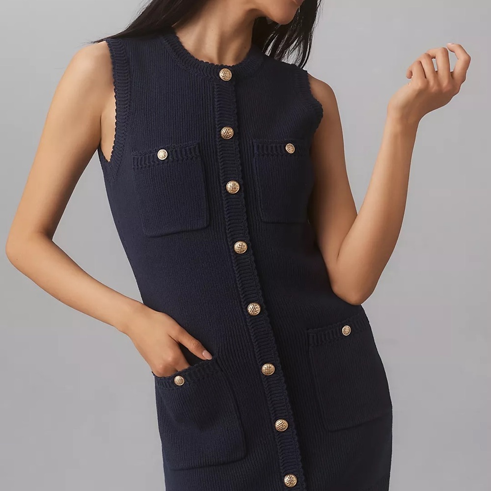 Reformation Anthropologie Navy Sleeveless Knit Dress Button Catalina Cotton Mini